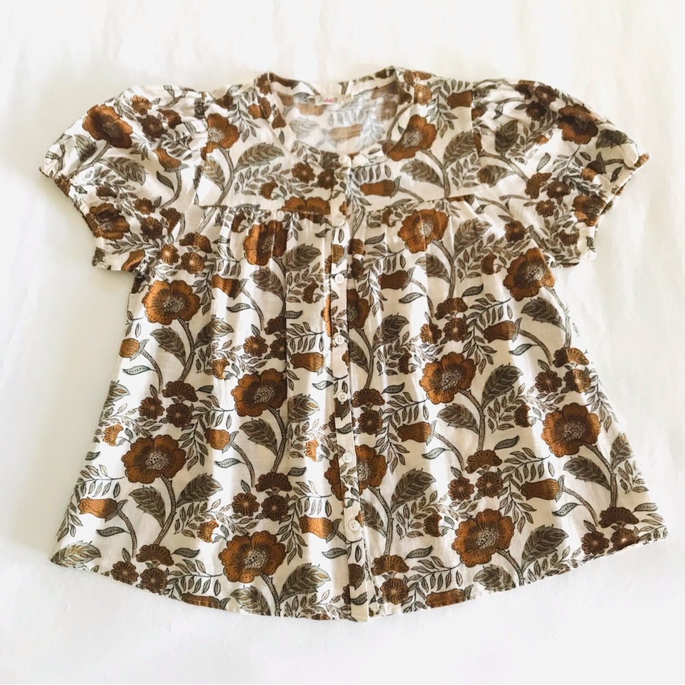 Faherty Floral Blouse / Top Sz M Short Sleeve Boho Peasant Hippie Button Down